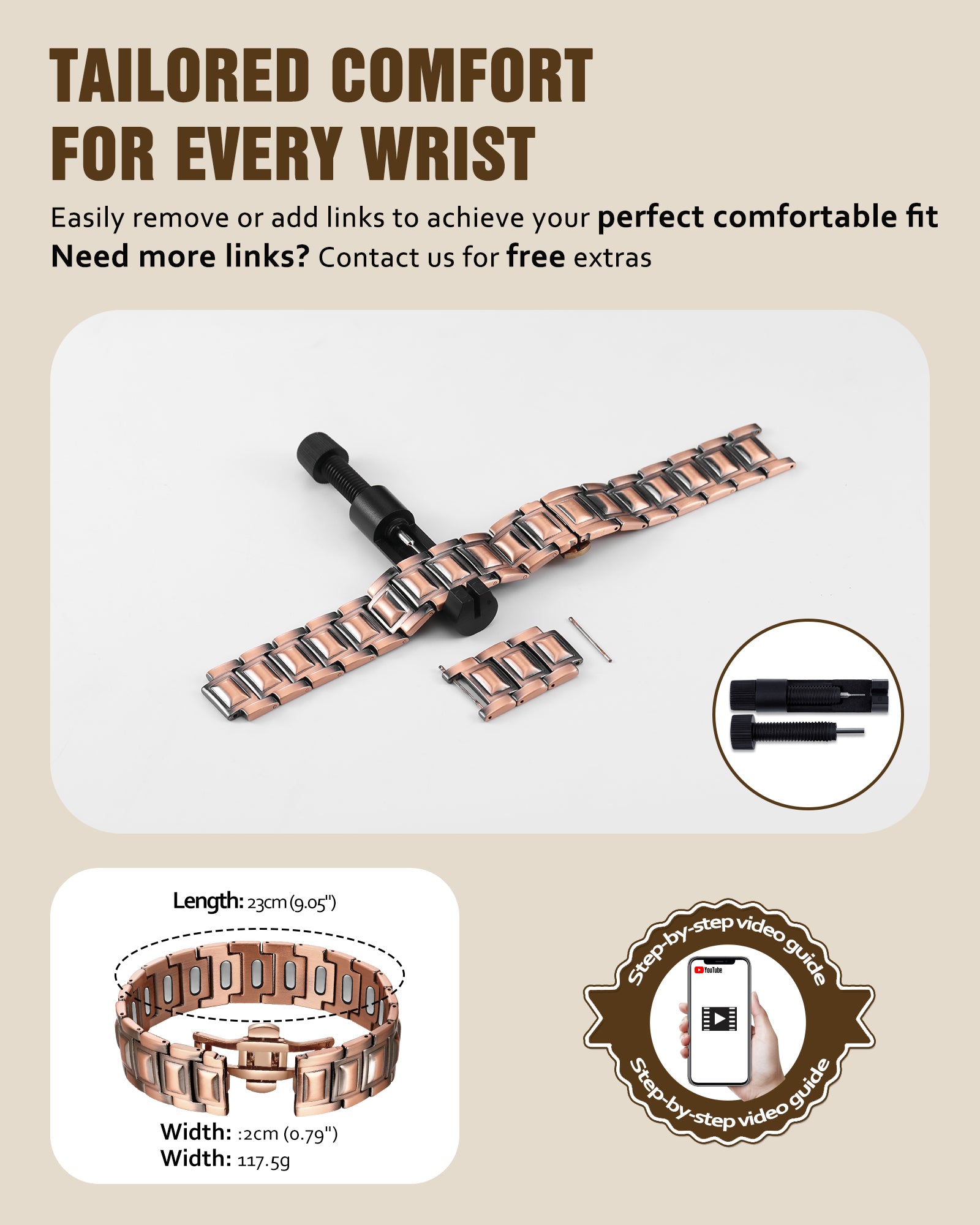 Jecanori Pure Copper Magnetic Bracelet for Men - Upgraded Magnets & Butterfly Clasp, Adjustable Length with Sizing Tool