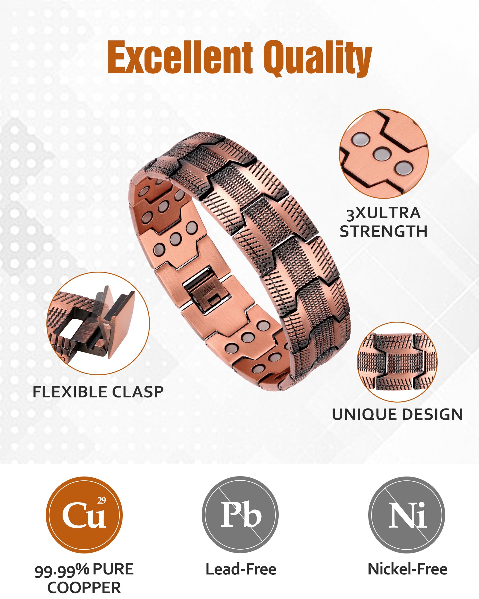 Jecanori 3X Strength Copper Magnetic Bracelet for Men,Pure Copper Bracelet Included Adjustable Sizing Tool