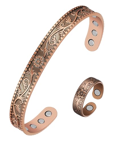 Pulsera y anillo de cobre para mujer, pulseras magnéticas de drenaje linfático y anillo de desintoxicación linfática