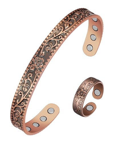 Pulsera y anillo de cobre para mujer, pulseras magnéticas de drenaje linfático y anillo de desintoxicación linfática