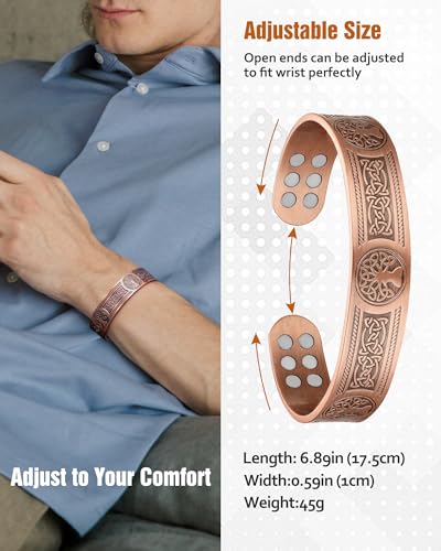 Pulsera de cobre para hombres, pulseras magnéticas de cobre para hombres con resistencia 18X y imanes de 3800 gauss