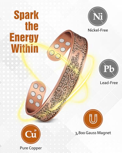 Pulsera de cobre, pulsera de cobre puro al 99,99 % para hombres, pulseras magnéticas de resistencia 18X para hombres