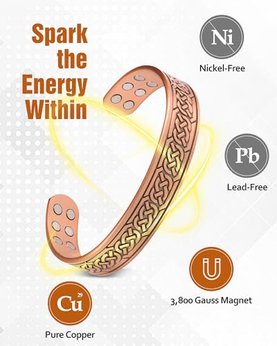 Pulsera de cobre para hombres, pulseras de cobre magnéticas para hombres con resistencia 18X