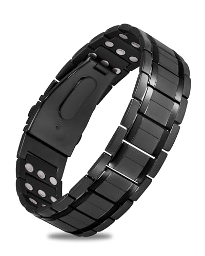 3 pulseras magnéticas para hombres, pulsera para hombre de acero inoxidable con imanes de neodimio resistentes y herramienta de medición de tamaño (negro)