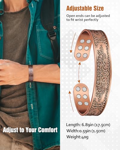 Pulsera de cobre, pulsera de cobre puro al 99,99 % para hombres, pulseras magnéticas de resistencia 18X para hombres