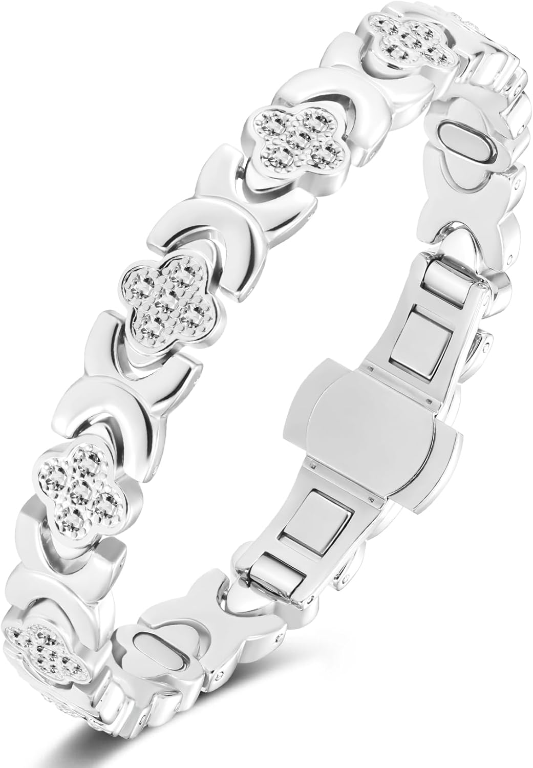 Jecanori 5X Strength Magnetic Copper Bracelet for Women —Updated 5,000 Gauss Ellipse Magnets — Premium Butterfly Clasp & Adjustable Length,Silver Four-leaf Clover