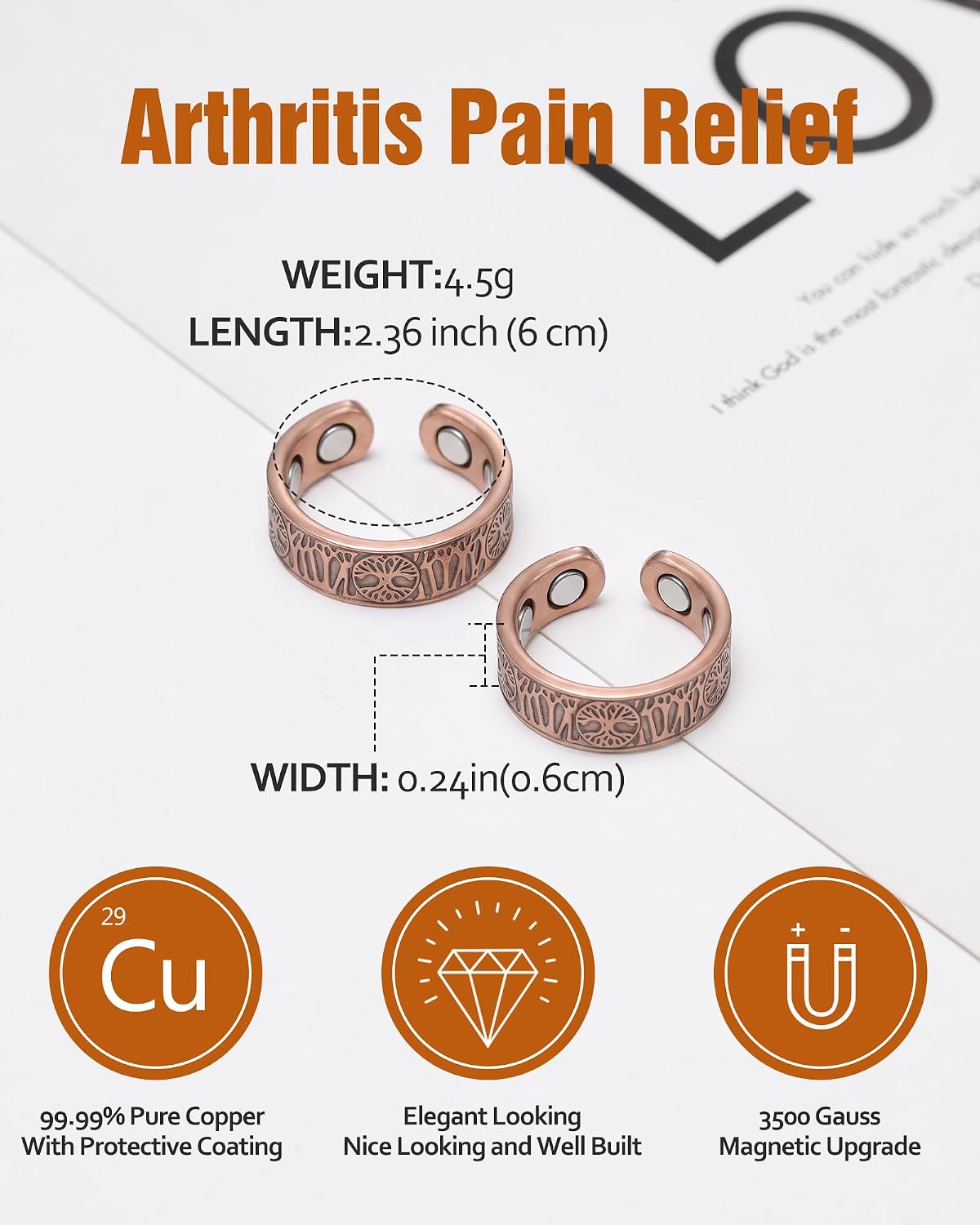 Jecanori 2PCS Magnetic Copper Rings for Women & Men