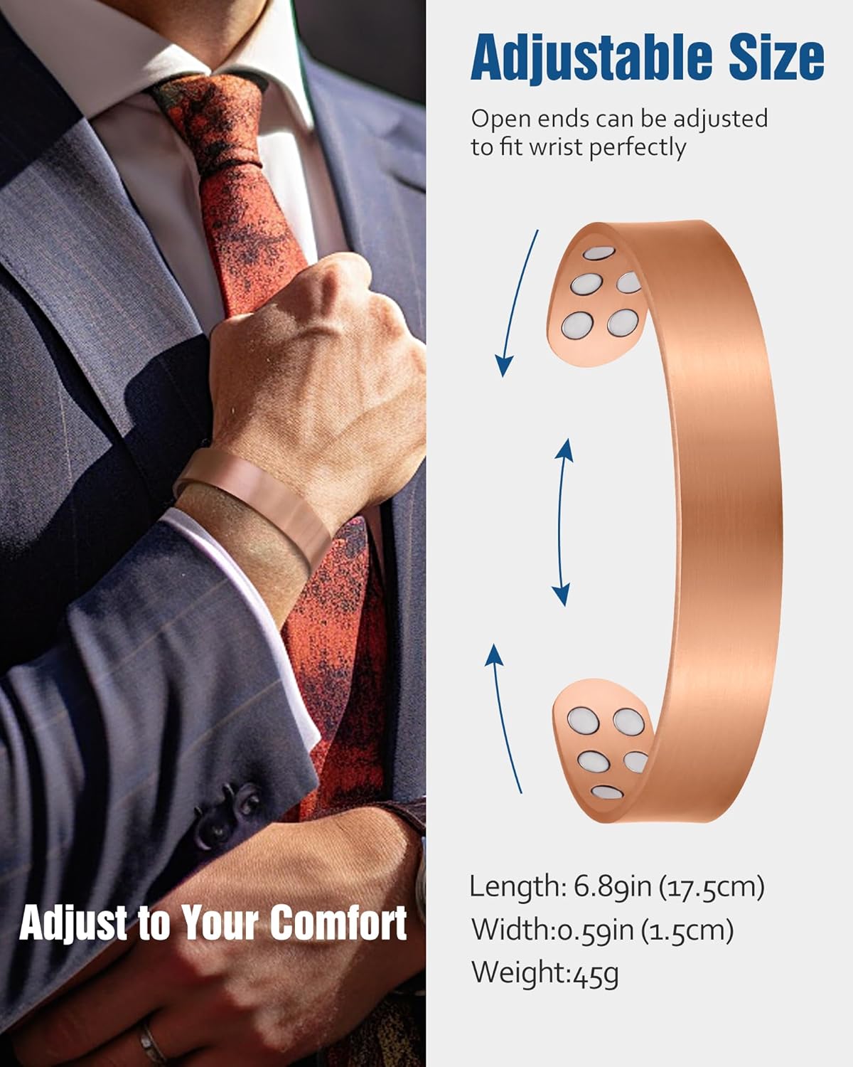 Pulsera de cobre Jecanori para hombre, pulsera de cobre puro al 99,99 %, pulsera magnética para hombre con resistencia 18X, regalo de joyería de cobre
