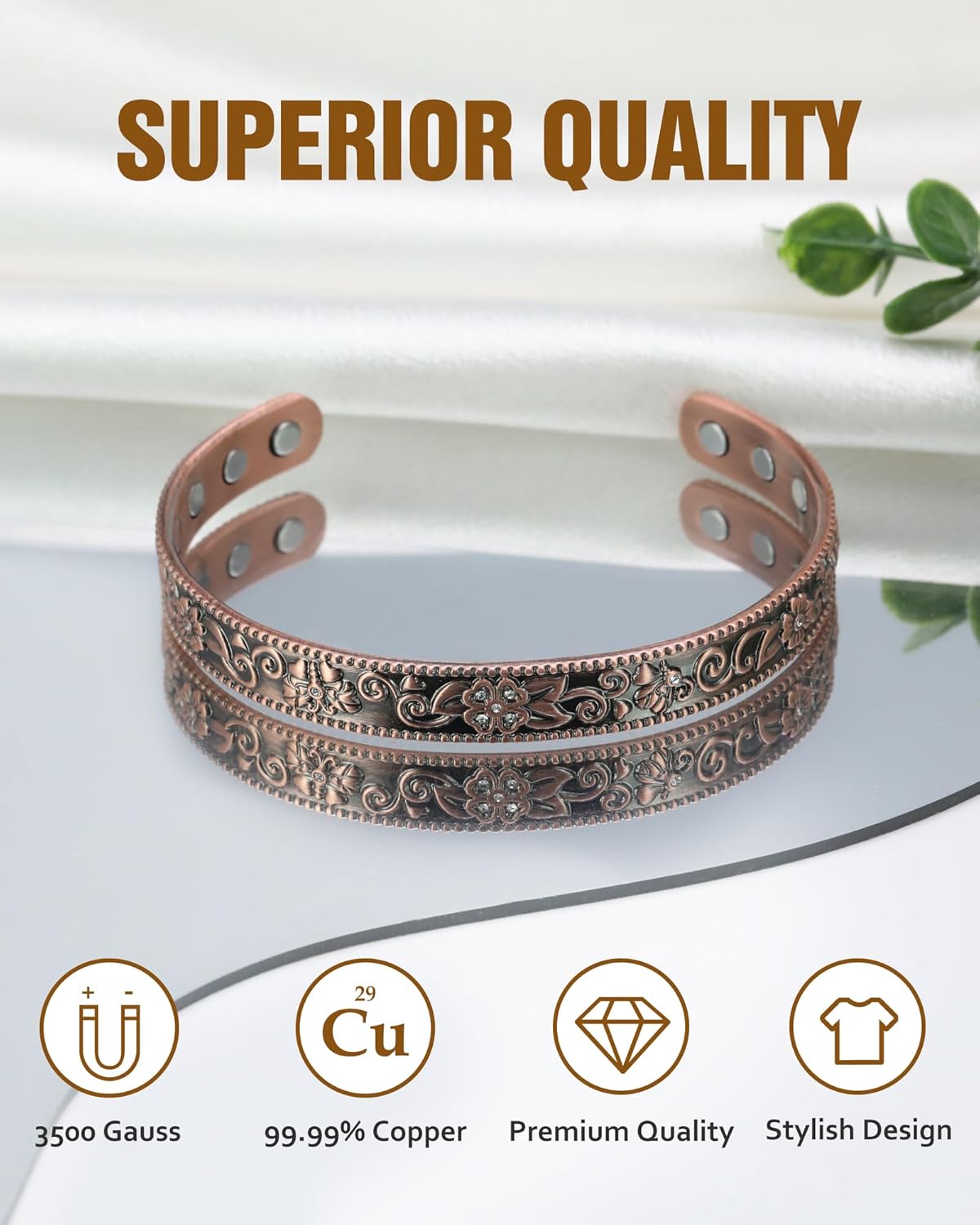 Pulseras de cobre Jecanori 12X para mujer, pulsera de cobre puro al 99,99 %, pulseras magnéticas de ultra resistencia (CloverButterfly)