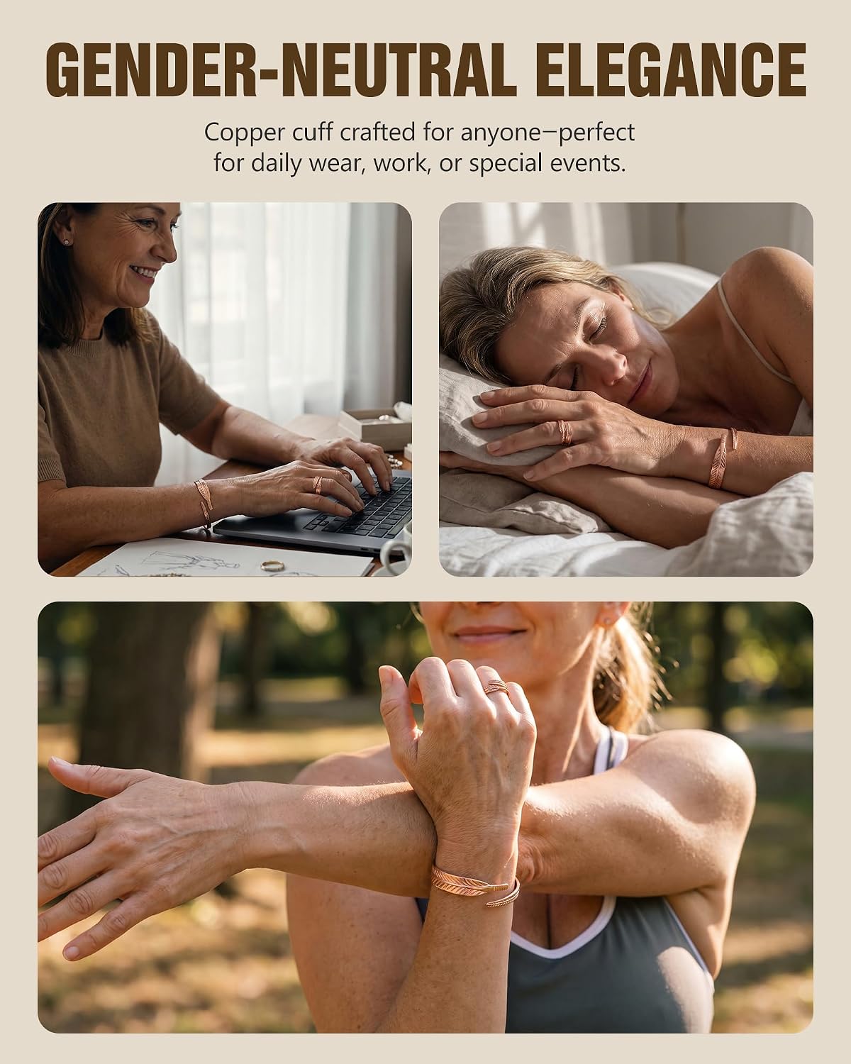 Jecanori 100% Pure Copper Bracelet & Ring for Women, Adjustable Copper Cuff