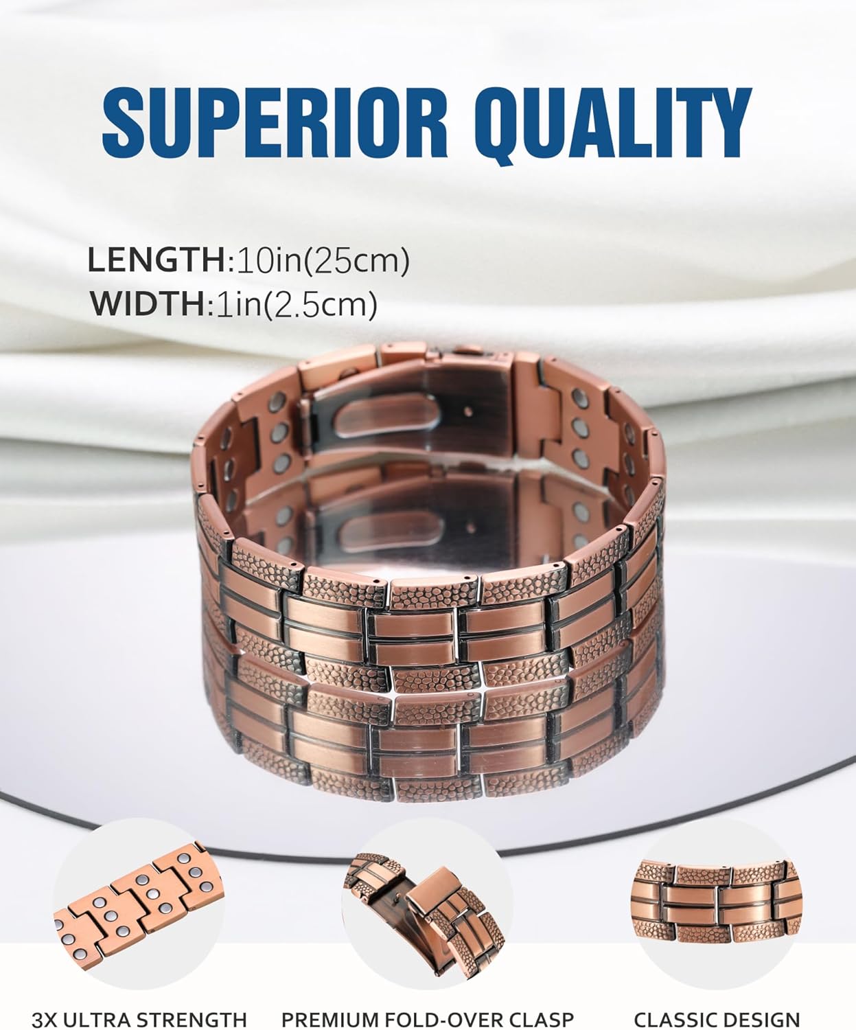 Pulsera de cobre Jecanori 3X para hombre, pulseras de cobre magnéticas para hombre con cierre plegable de primera calidad, herramienta ajustable incluida