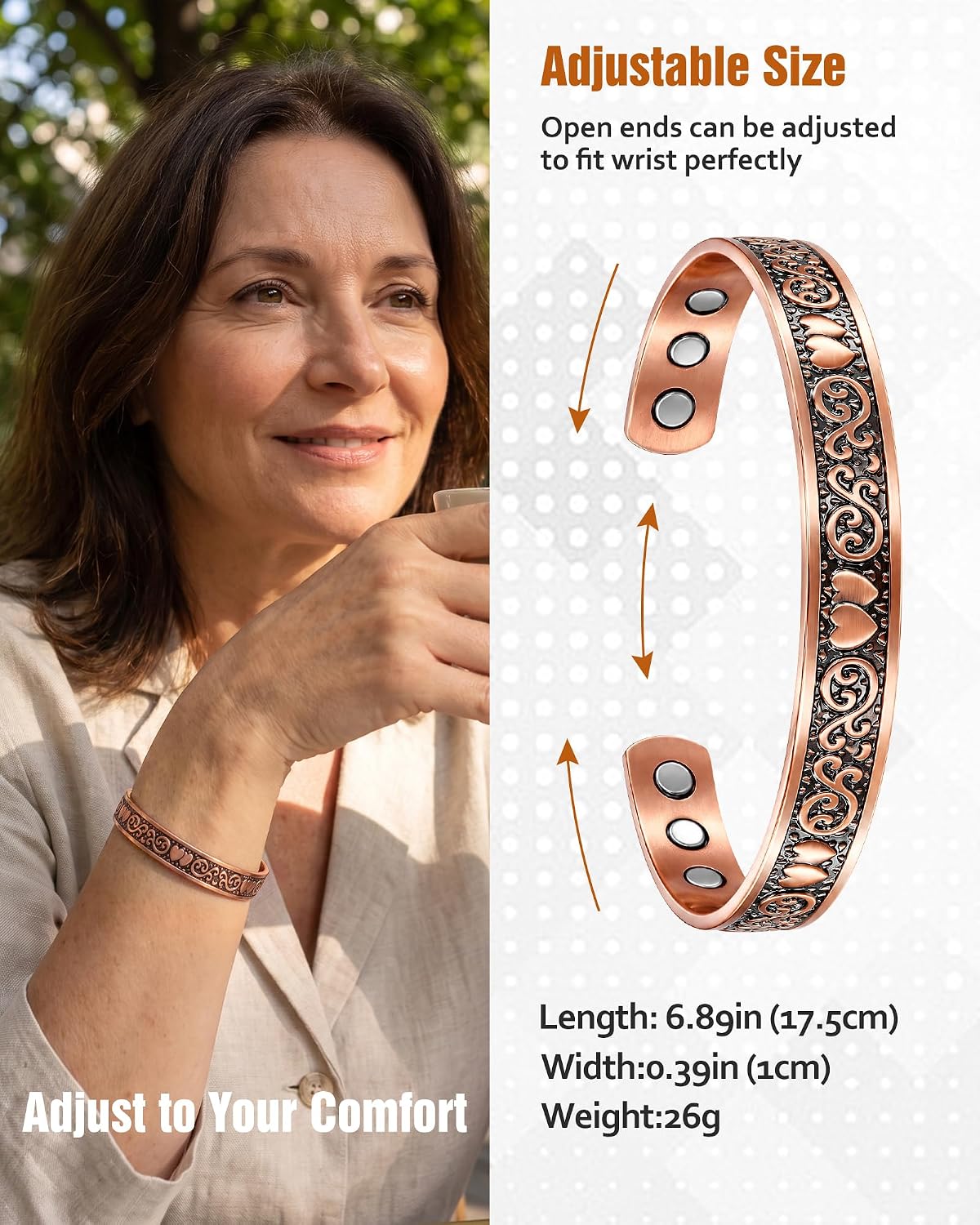 Jecanori 2Pcs Copper Bracelets for Women, Women Magnetic Cuff Bracelet