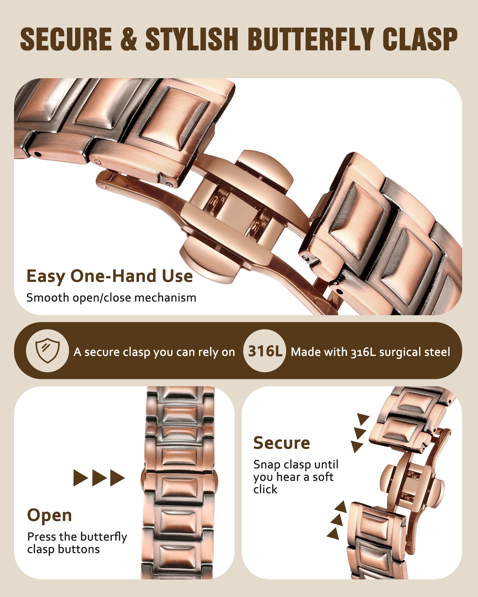Jecanori Pure Copper Magnetic Bracelet for Men - Upgraded Magnets & Butterfly Clasp, Adjustable Length with Sizing Tool