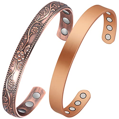 Jecanori - Pulseras magnéticas de cobre para desintoxicación linfática para mujer, 2 unidades, pulseras de drenaje linfático magnético, brazaletes de cobre 100 % con imán de 3500 Gauss, regalos de joyería
