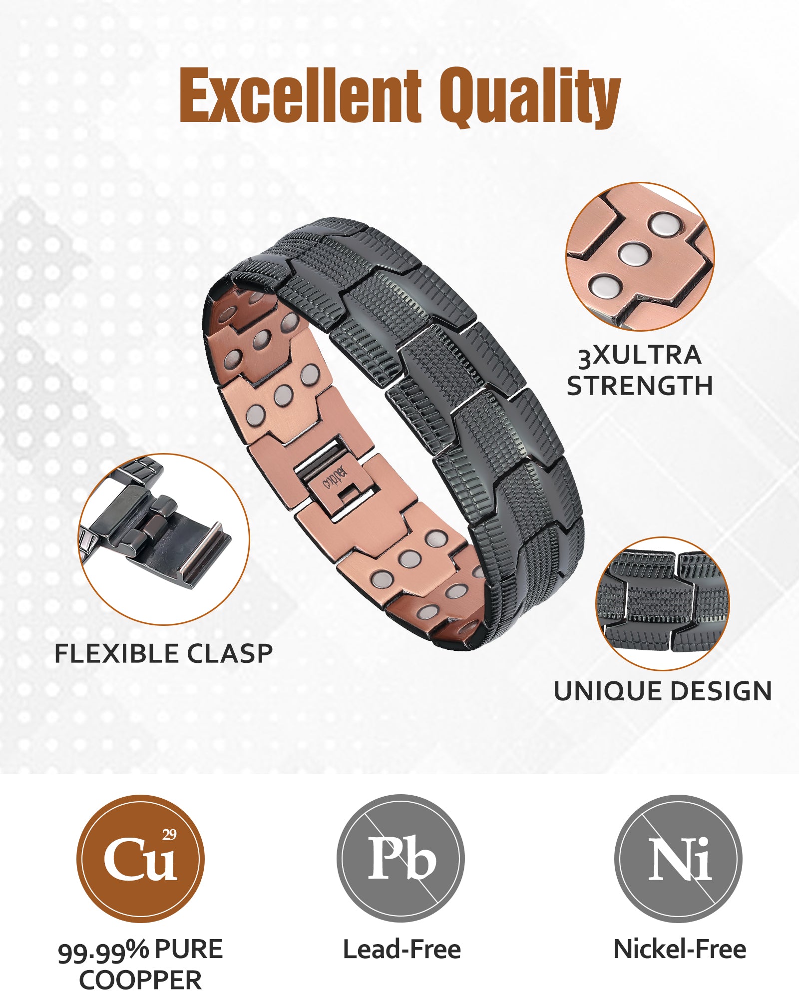 Jecanori 3X Strength Copper Magnetic Bracelet for Men,Pure Copper Bracelet Included Adjustable Sizing Tool