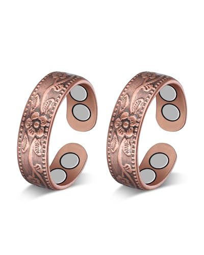 Copper Rings for Women, Pure Copper Magnetic Therapy Rings, Lymphatic Drainage Rings for Women(Copper-Flower)