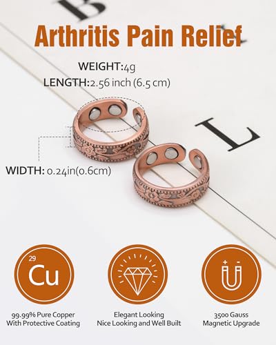 Copper Rings for Women, Pure Copper Magnetic Therapy Rings, Lymphatic Drainage Rings for Women(Copper-Flower)