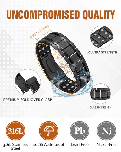 3X Magnetic Bracelets for Men, Mens Bracelet Stainless Steel with Strenth Neodymium Magnets & Sizing Tool(Black)