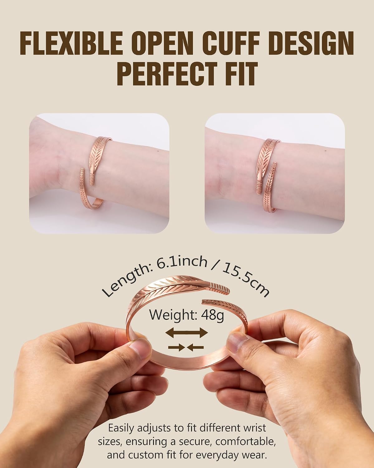 Jecanori 100% Pure Copper Bracelet & Ring for Women, Adjustable Copper Cuff