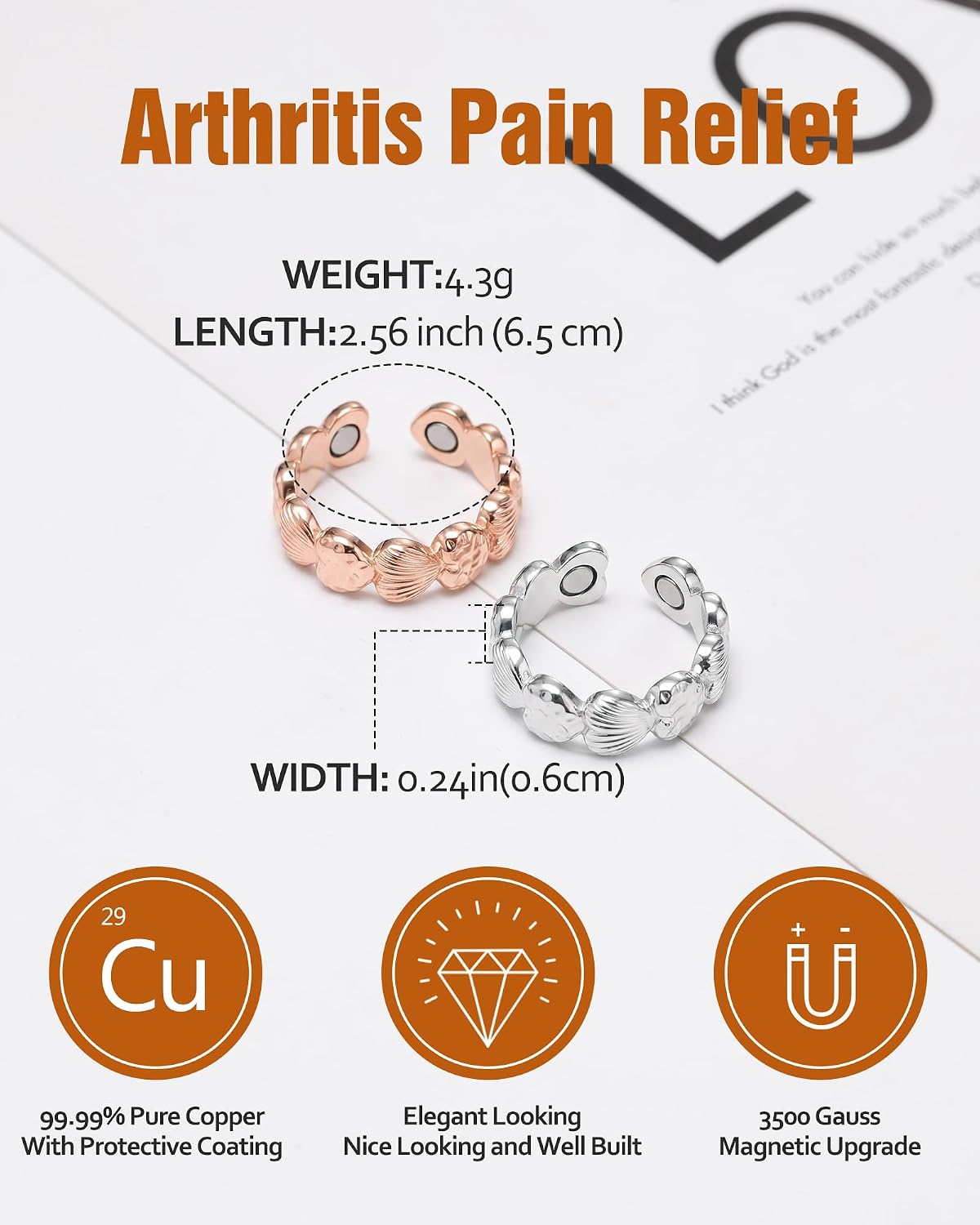 Jecanori 99.99% Pure Copper Rings for Women, 6X Strength Magnetic Ring