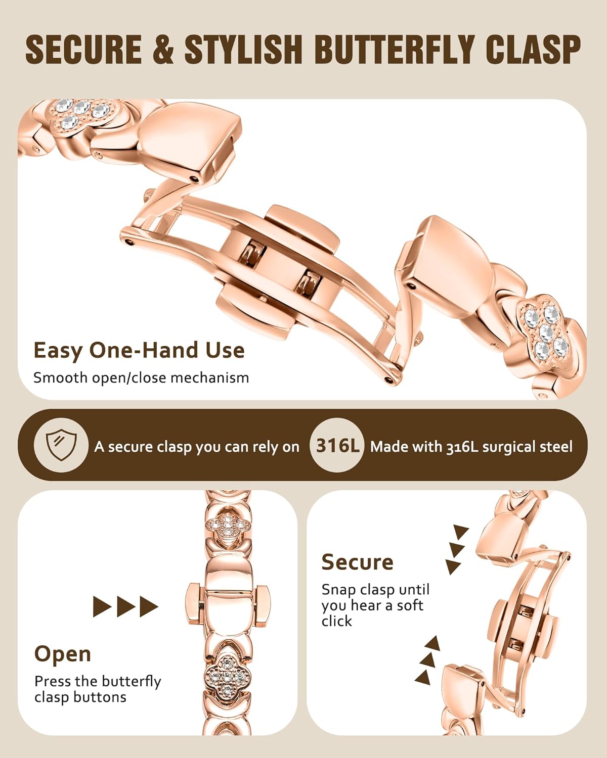 Jecanori 5X Strength Magnetic Copper Bracelet for Women —Updated 5,000 Gauss Ellipse Magnets — Premium Butterfly Clasp & Adjustable Length,Gold Rose Four-leaf Clover