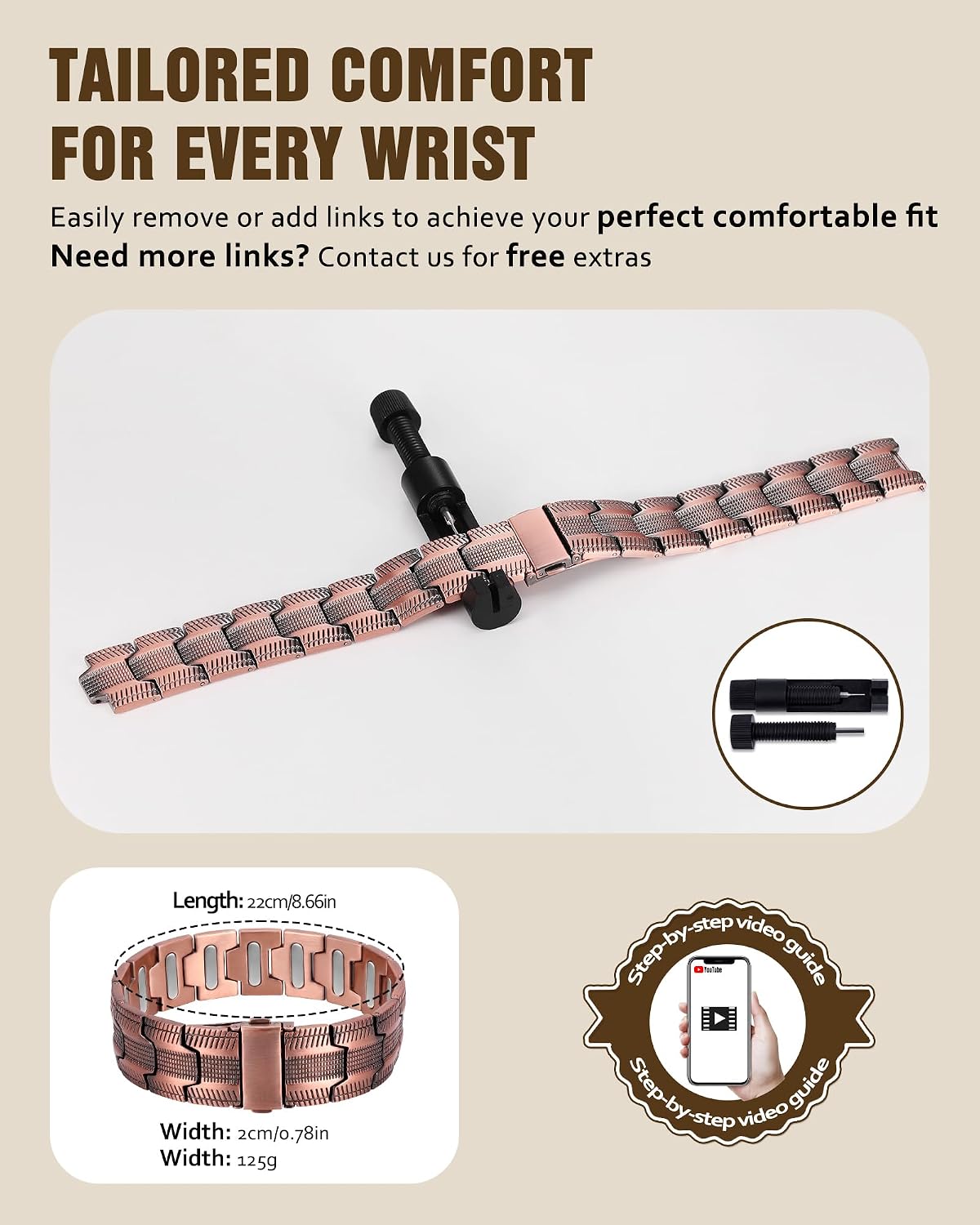 Jecanori Pure Copper Bracelet for Men, 5X Strength Magnetic Bracelets with 5000 Gauss Magnets, Adjustable Mens Copper Bracelet with Premium Fold-Over Clasp