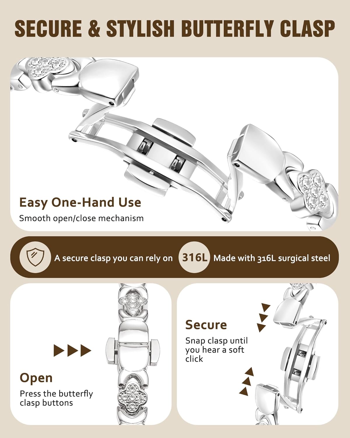 Jecanori 5X Strength Magnetic Copper Bracelet for Women —Updated 5,000 Gauss Ellipse Magnets — Premium Butterfly Clasp & Adjustable Length,Silver Four-leaf Clover