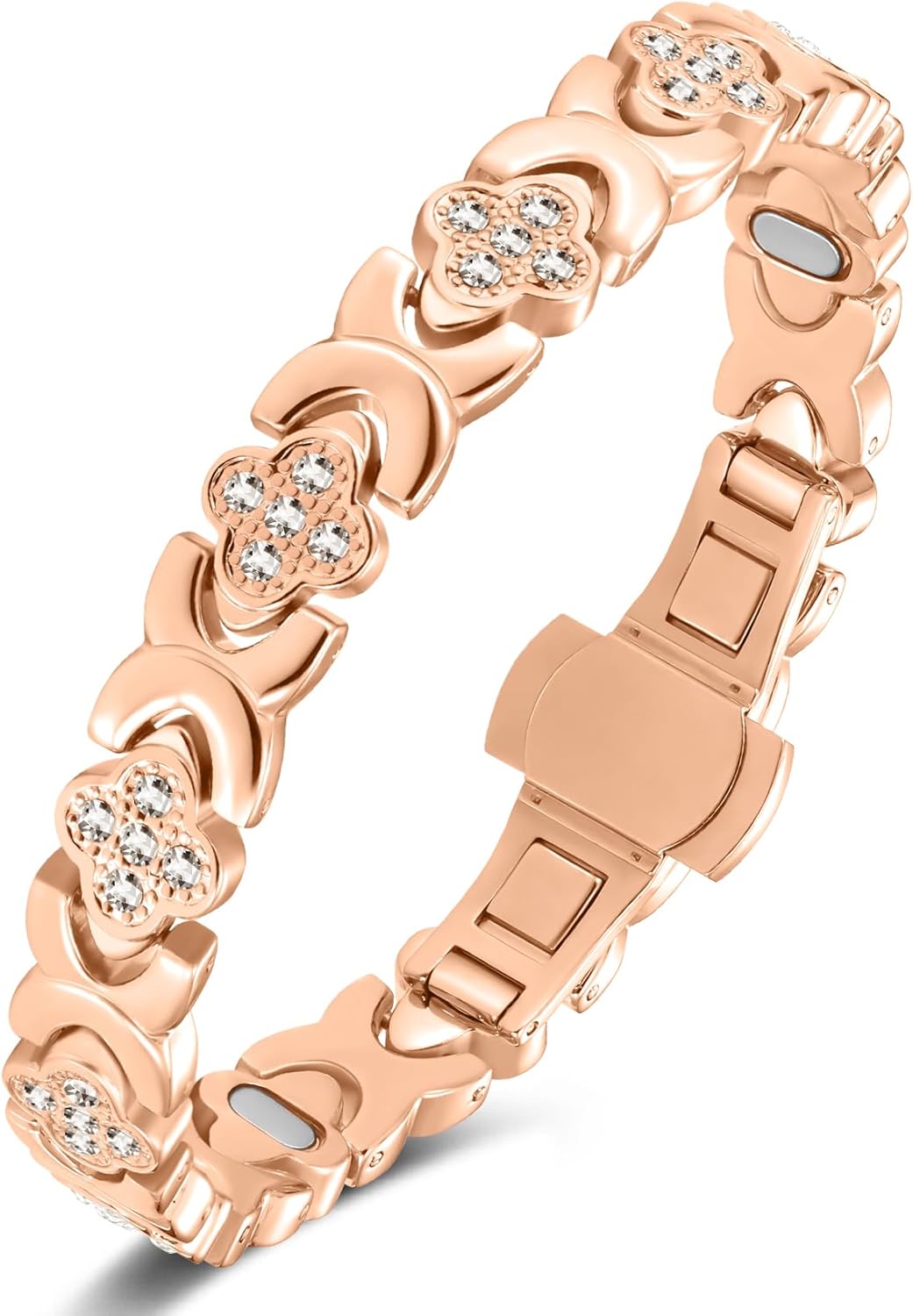 Jecanori 5X Strength Magnetic Copper Bracelet for Women —Updated 5,000 Gauss Ellipse Magnets — Premium Butterfly Clasp & Adjustable Length,Gold Rose Four-leaf Clover