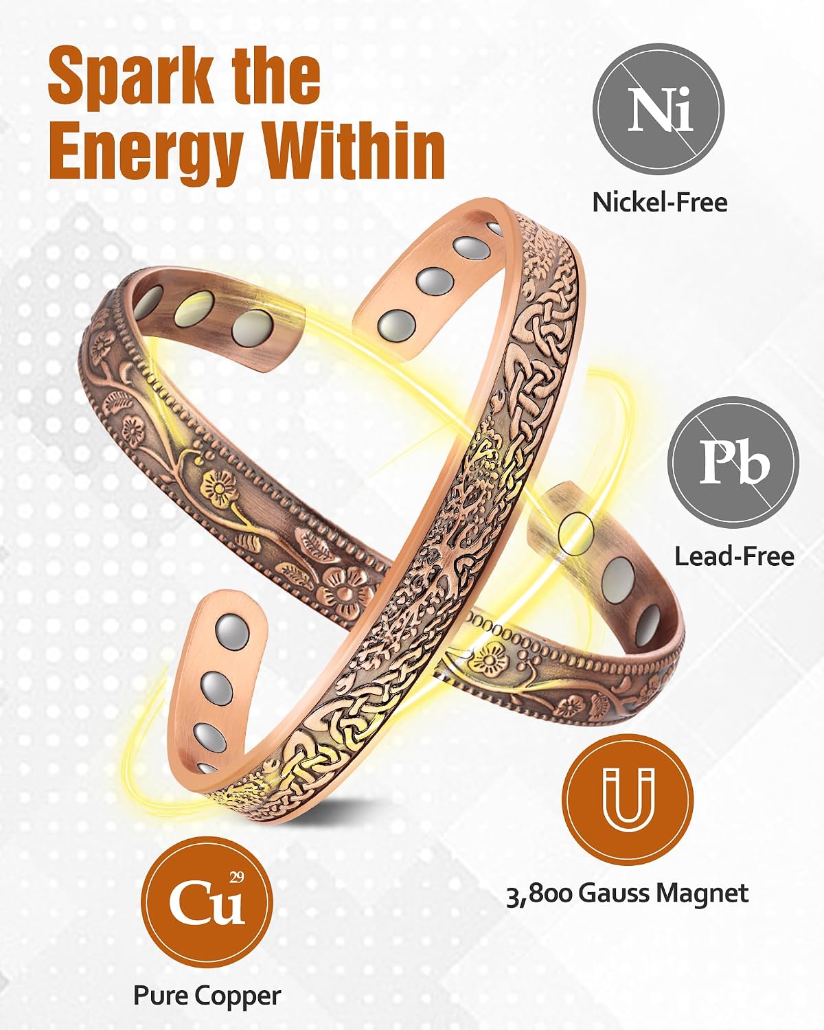 Jecanori 2Pcs Pure Copper Bracelets for Women, Women Magnetic Cuff Bracelet
