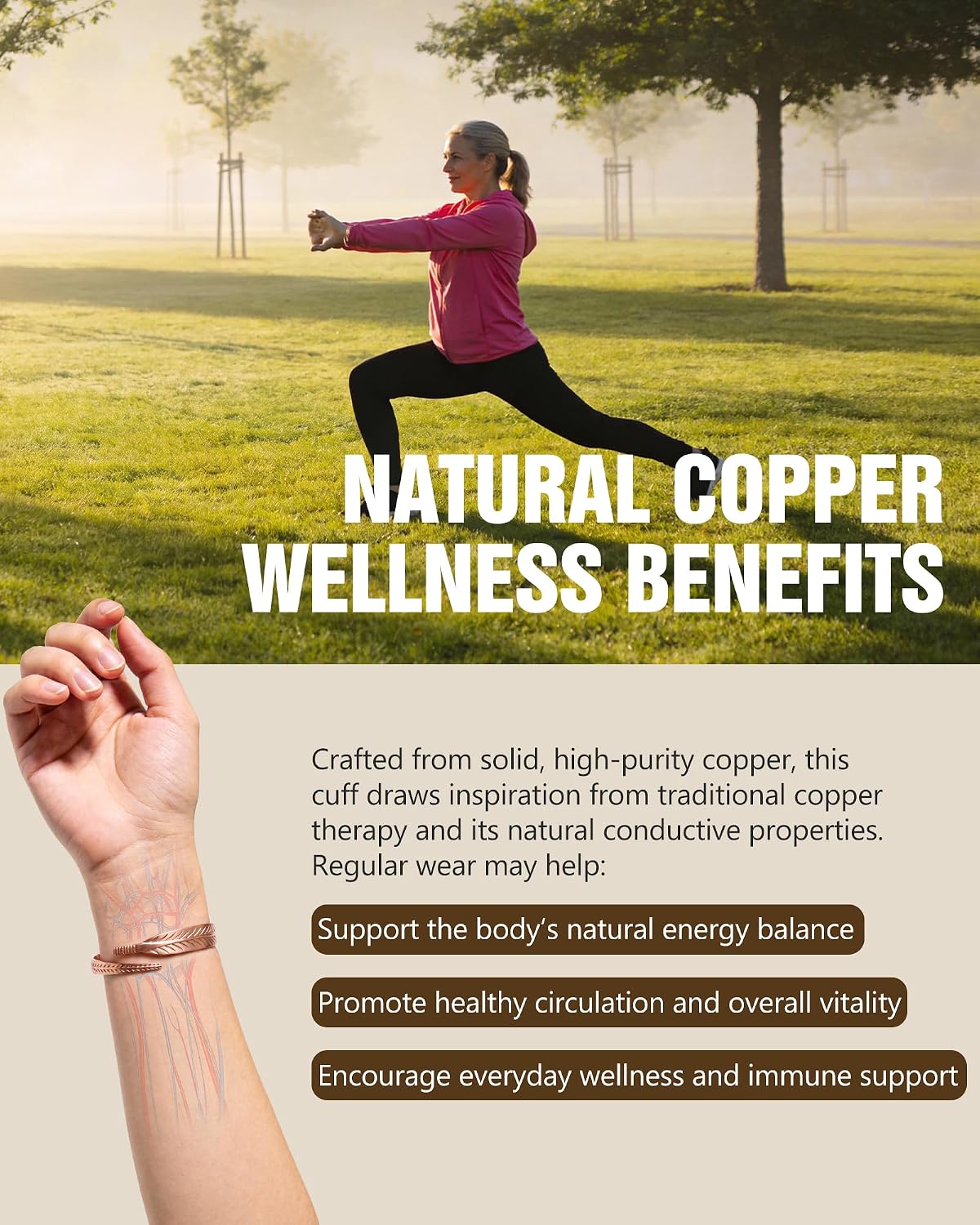 Jecanori 100% Pure Copper Bracelet & Ring for Women, Adjustable Copper Cuff