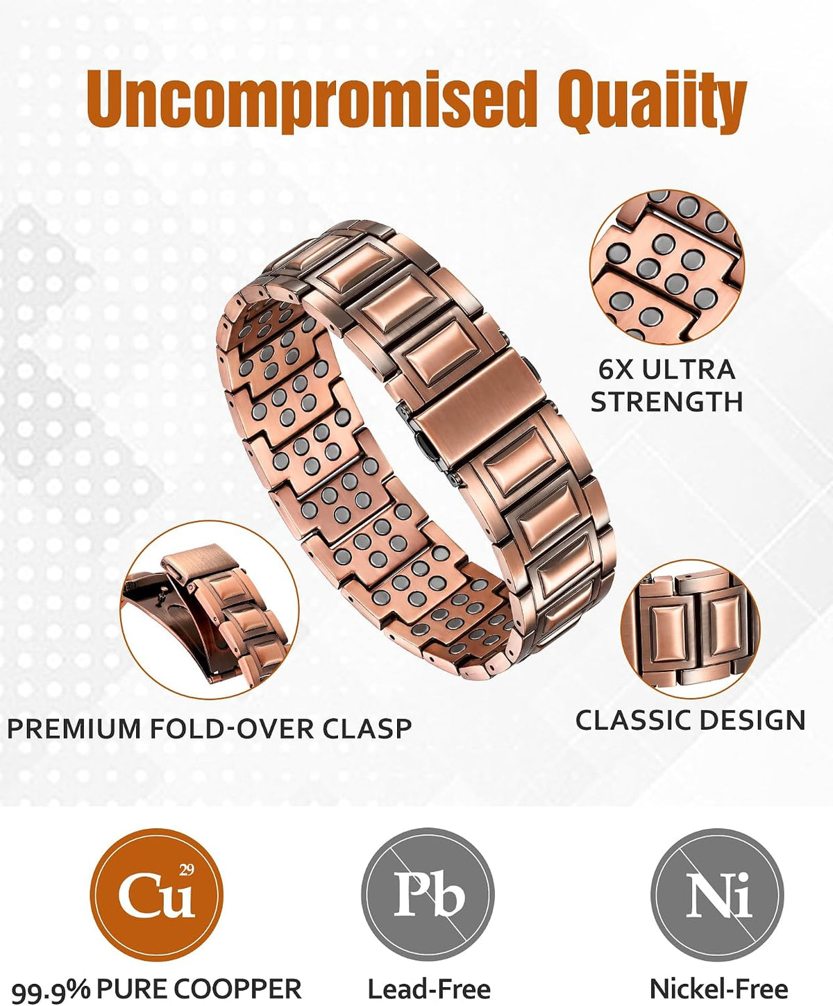 Jecanori Copper Bracelet for Men, Mens 6X Strength Magnetic Bracelet