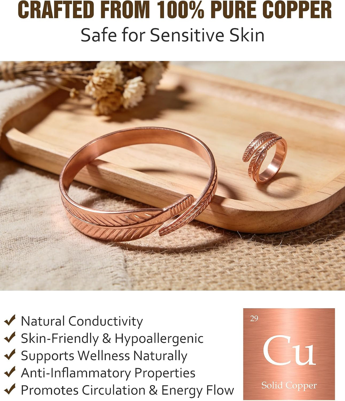 Jecanori 100% Pure Copper Bracelet & Ring for Women, Adjustable Copper Cuff