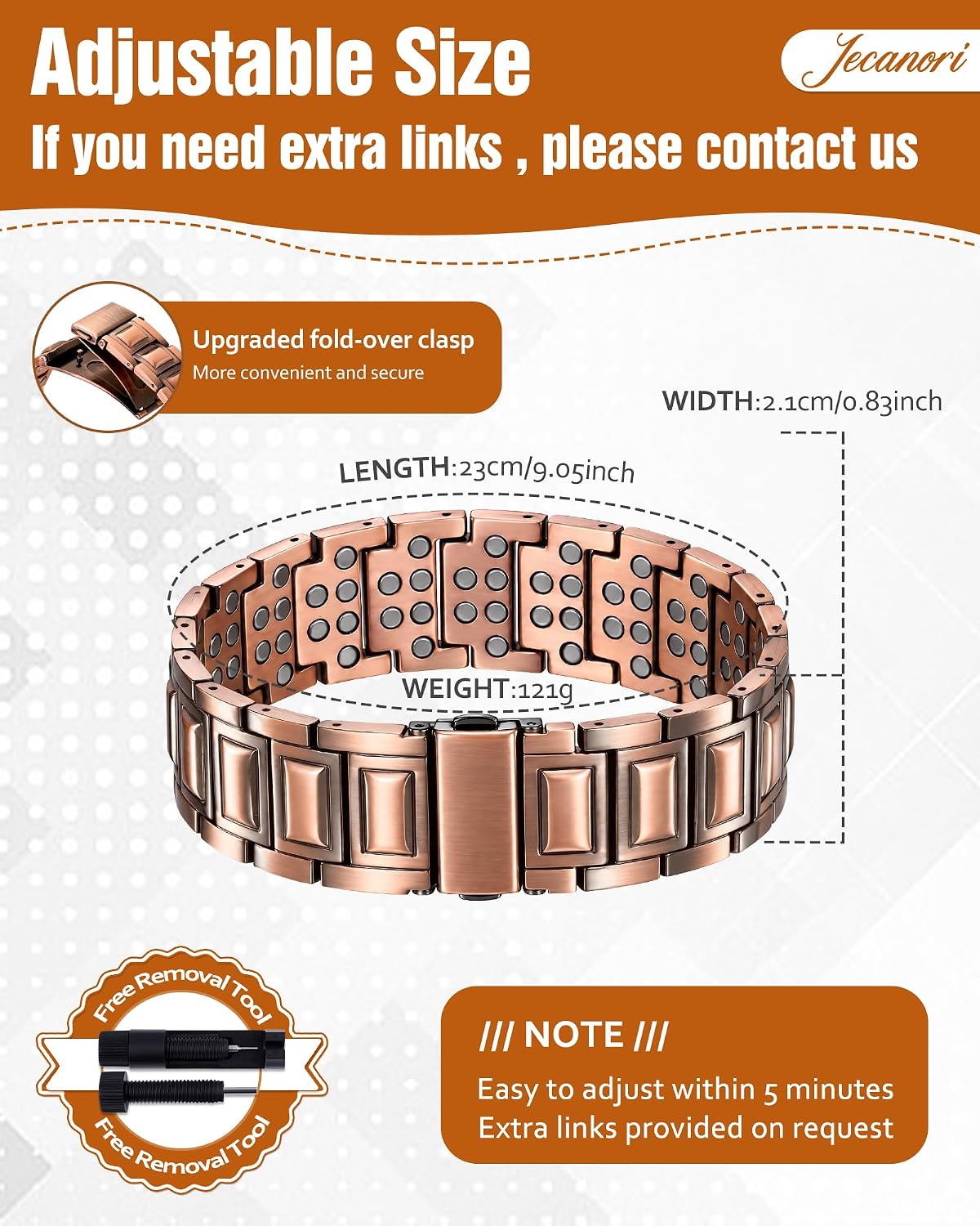 Jecanori Copper Bracelet for Men, Mens 6X Strength Magnetic Bracelet