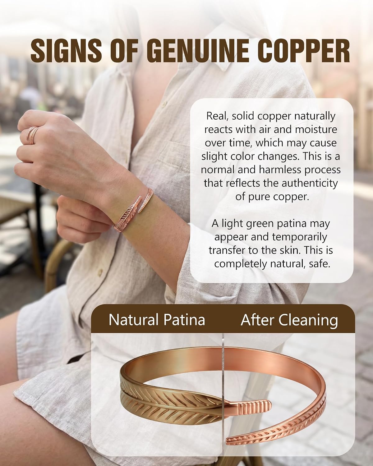 Jecanori 100% Pure Copper Bracelet & Ring for Women, Adjustable Copper Cuff