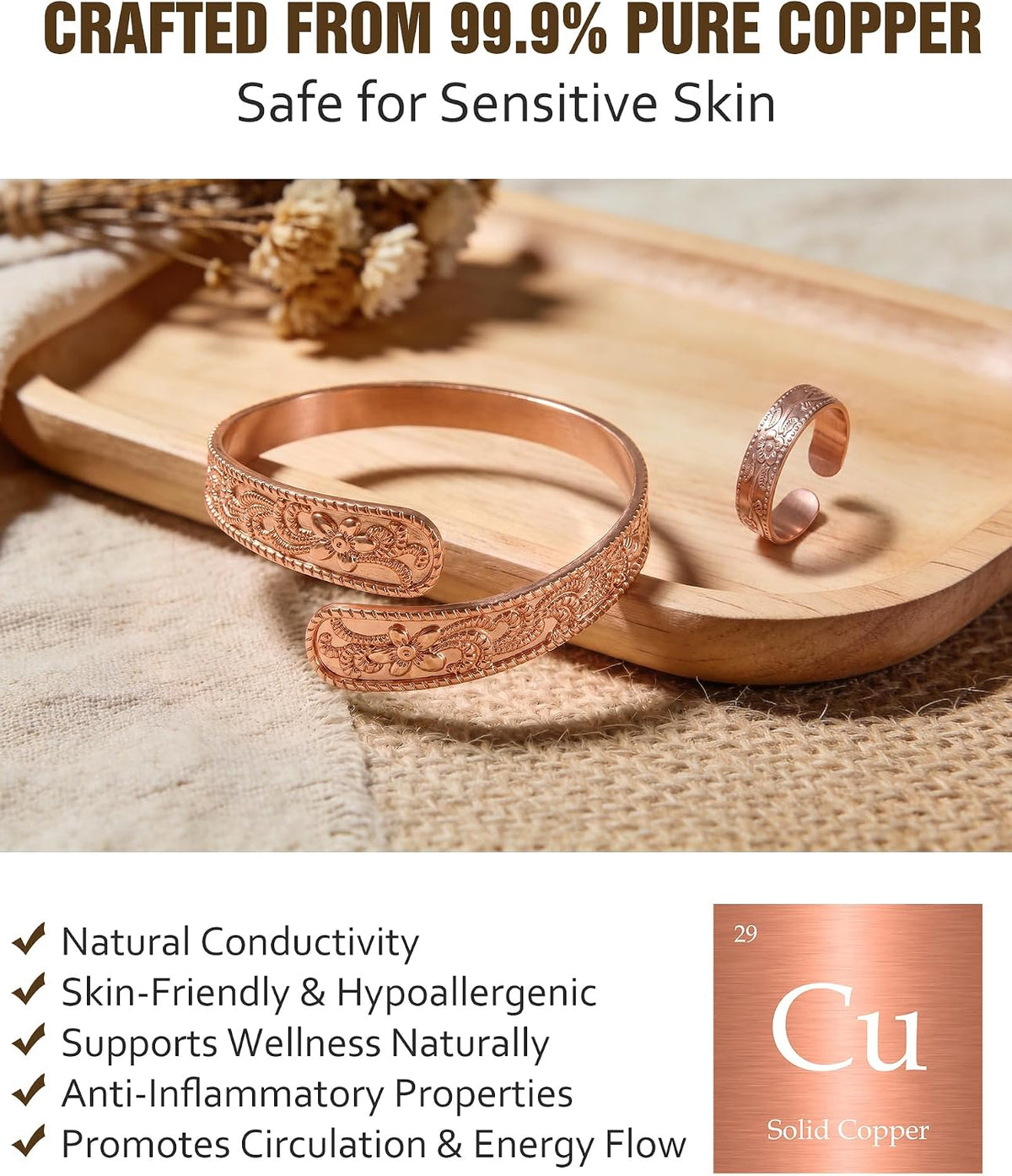 Jecanori Pure Copper Bracelet & Ring for Women