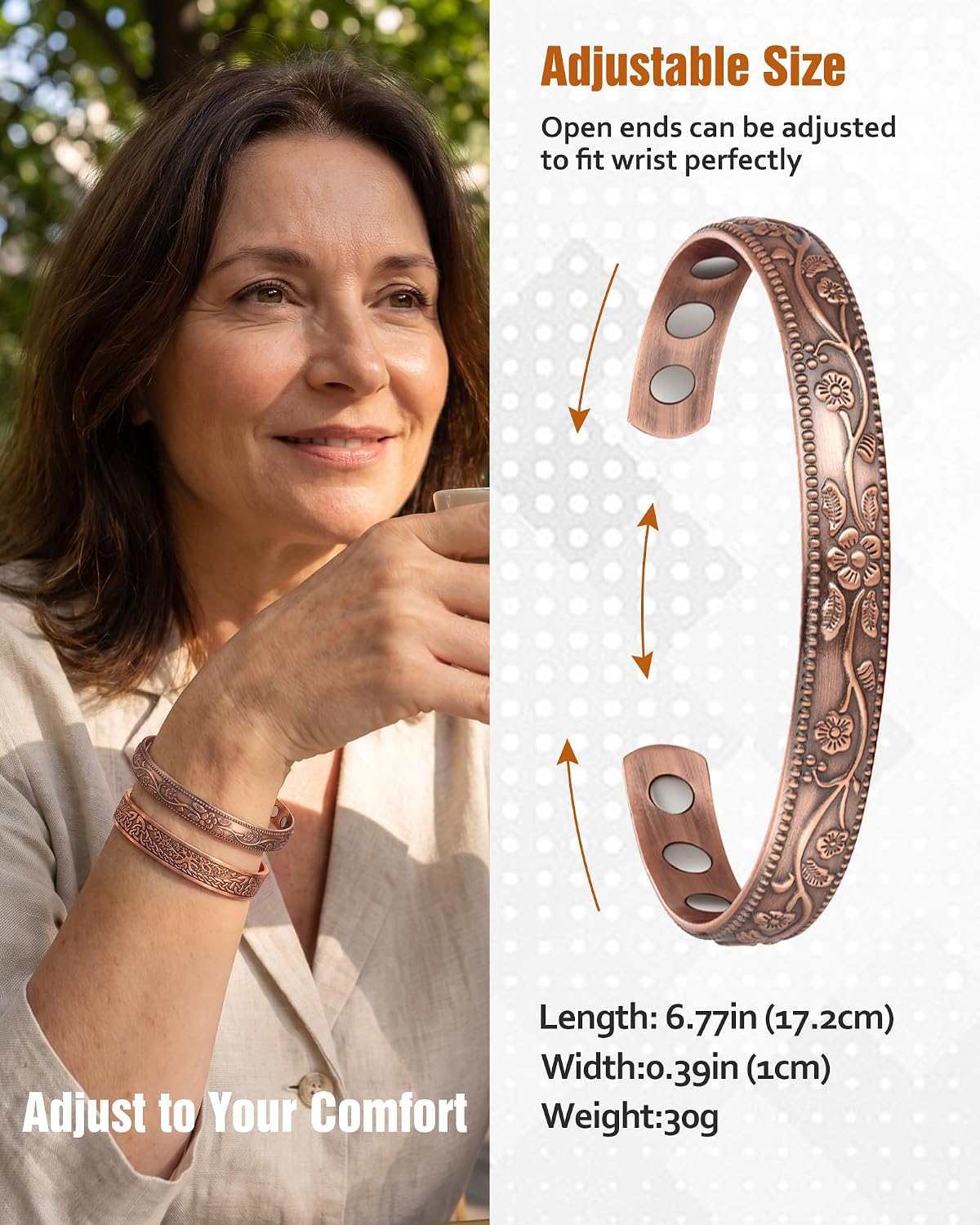Jecanori 2Pcs Pure Copper Bracelets for Women, Women Magnetic Cuff Bracelet