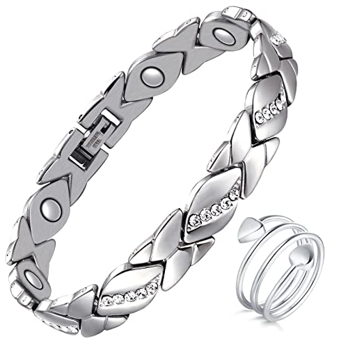 Jecanori Crystal Magnetic Bracelets for Women,Copper Rings for Women,Adjustable Titanium Steel Wristband Brazaletes