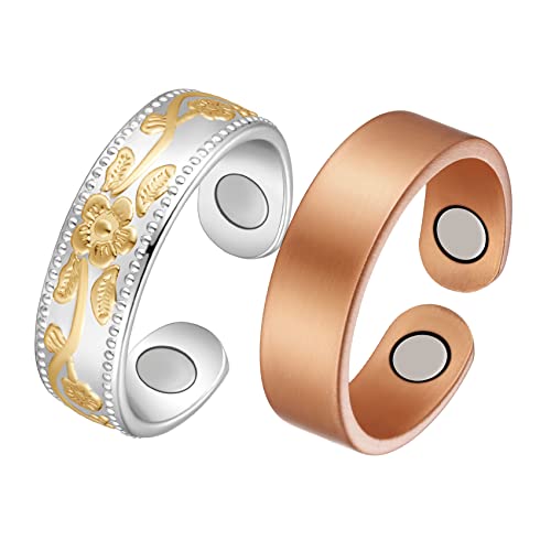 Jecanori 2PCS Copper Rings for Women Men,Adjustable Magnetic Copper Ring,Christmas Jewelry Gift with Ring Box, Ring(Vintage Flower|Uncoated Sleek)