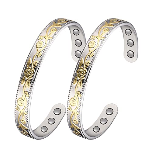 Jecanori 2Pcs Copper Magnetic Bracelet for Women Men,Vintage Flower Copper Bracelet 99.9% Solid Copper Bangles with Magnets Wristband