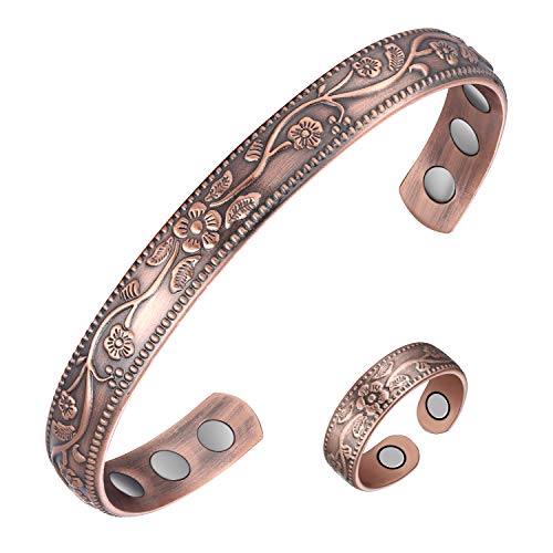 Jecanori Pure Copper Bracelet and Copper Ring for Women Men,Vintage Flower Wristband Brazaletes