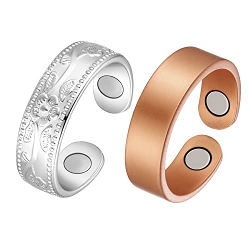 Jecanori 2PCS Copper Rings for Women Men,Adjustable Magnetic Copper Ring,Christmas Jewelry Gift with Ring Box, Ring(Vintage Flower|Uncoated Sleek)