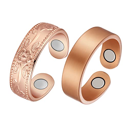 Jecanori 2PCS Copper Rings for Women Men,Adjustable Magnetic Copper Ring,Christmas Jewelry Gift with Ring Box, Ring(Vintage Flower|Uncoated Sleek)