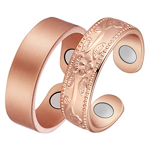 Jecanori 2PCS Copper Rings for Women Men,Adjustable Magnetic Copper Ring,Christmas Jewelry Gift with Ring Box, Ring(Vintage Flower|Uncoated Sleek)