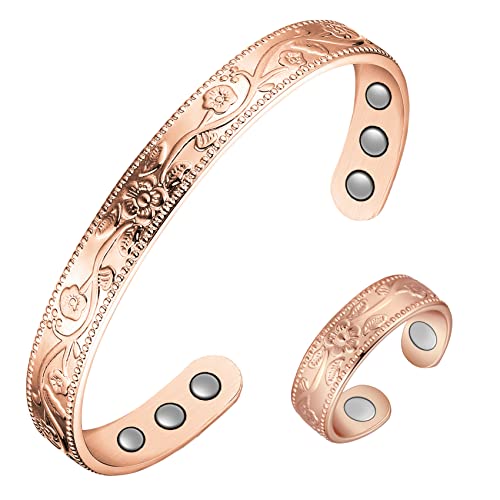 Jecanori Pure Copper Bracelet and Copper Ring for Women Men,Vintage Flower Wristband Brazaletes