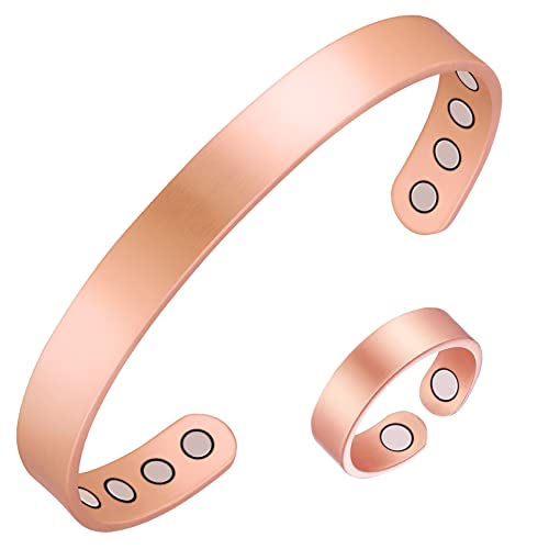 Jecanori Pure Copper Bracelet and Copper Ring for Women Men,Vintage Flower Wristband Brazaletes