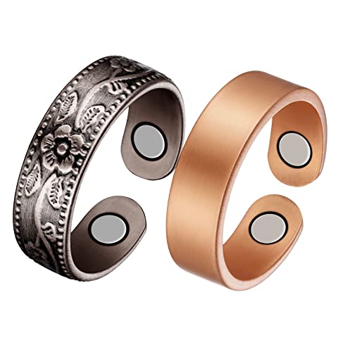 Jecanori 2PCS Copper Rings for Women Men,Adjustable Magnetic Copper Ring,Christmas Jewelry Gift with Ring Box, Ring(Vintage Flower|Uncoated Sleek)