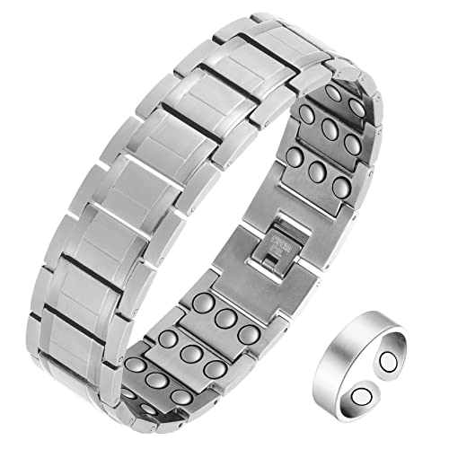 Jecanori 3X Magnetic Bracelet Ring for Men,Big Titanium Steel Bracelet & Copper Magnetic Ring
