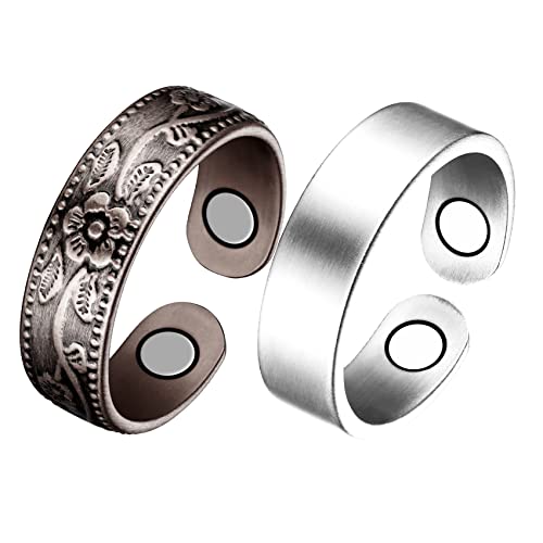 Jecanori 2PCS Copper Rings for Women Men,Adjustable Magnetic Copper Ring,Christmas Jewelry Gift with Ring Box, Ring(Vintage Flower|Uncoated Sleek)