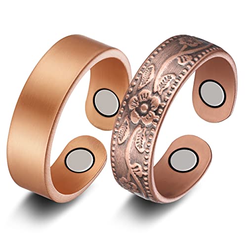 Jecanori 2PCS Copper Rings for Women Men,Adjustable Magnetic Copper Ring,Christmas Jewelry Gift with Ring Box, Ring(Vintage Flower|Uncoated Sleek)