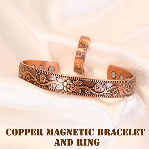 Jecanori Pure Copper Bracelet and Copper Ring for Women Men,Vintage Flower Wristband Brazaletes